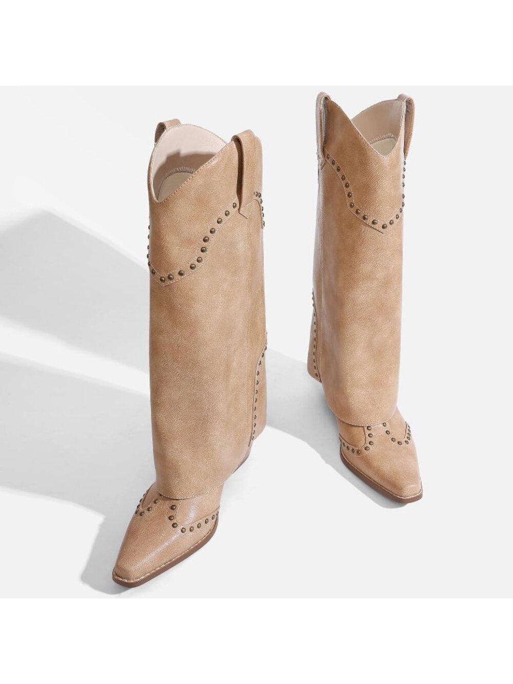 Women's Beige Faux Leather Over Boot Knee High Chunky Heel Snip Toe Cowgirl Boot - Picture 4 of 7